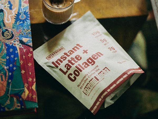 Strong Coffee Co. Hazelnut Instant Latte | Organic Coffee with 15g Collagen Protein | Lion’s Mane & L-Theanine | Nootropic Instant Coffee | 12 Servings