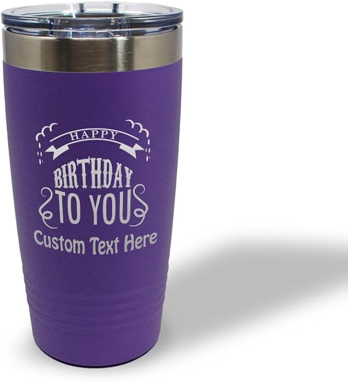 Custom Tumblera Tumblers Travel Mugs Happy Birthday to You A Alphabet & Monograms Birthday Insulated Drinkware Stainless-Steel 20 Oz Purple Personalized Text Here