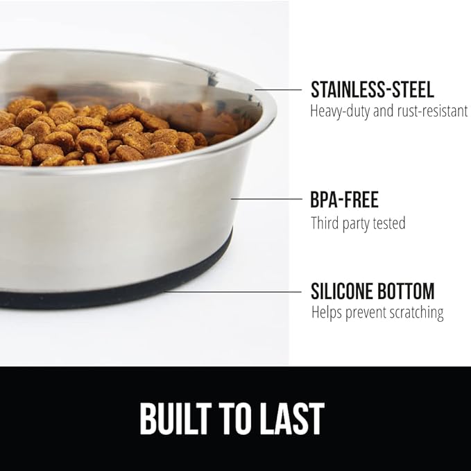 GORILLA GRIP Dog Bowl, Holds 6 Cups (48 fl oz), Heavy Duty Metal Food and Water Bowl for Feeding Dogs and Cats, Easy Clean, Dishwasher Safe, Rust Resistant Stainless Steel, BPA Free Rubber Base, Black