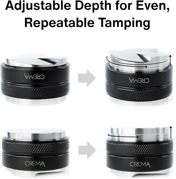 CREMA Coffee Products 59mm Hand Tamper & Distributor | Compatible with Breville Portafilters | Double-Sided, Adjustable Depth Tool | Made with Durable 304 Stainless Steel | Black