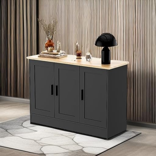 Anystyle 43" Black Buffet Cabinet with Black Handles, Small Kitchen Sideboard with 3 Doors & Adjustable Shelves, Modern Entryway Credenza & TV Console Table for Living Room, Dining Room