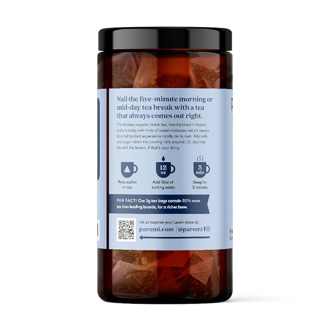Paromi Royal Breakfast Organic Black Tea, Signature Jar, 15 Count (Pack of 6)