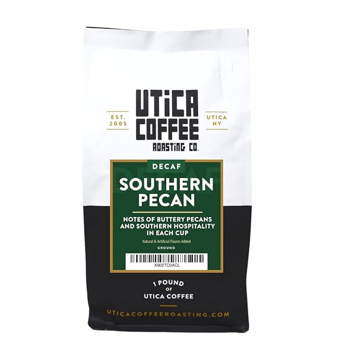 Utica Coffee Roasting Co. Decaf Southern Pecan | Specialty Flavored Medium Roast Ground Coffee | 16 Oz Reclosable Bag