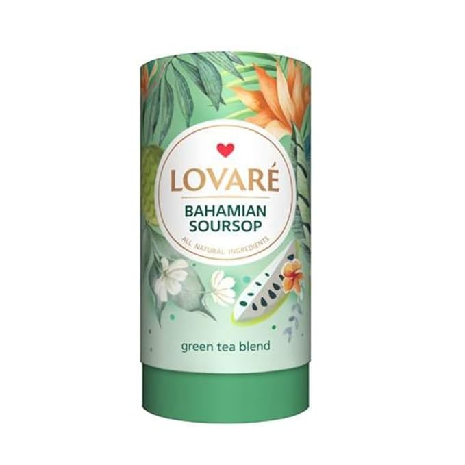 LOVARE Bahamian Soursop Loose Leaf Tea – 80 g Premium green tea blend with Soursop Pieces & Marigold Petals – Ukrainian Brand – Authentic Gift Tube with 15 Paper Filters – Easy to Brew tea Blend