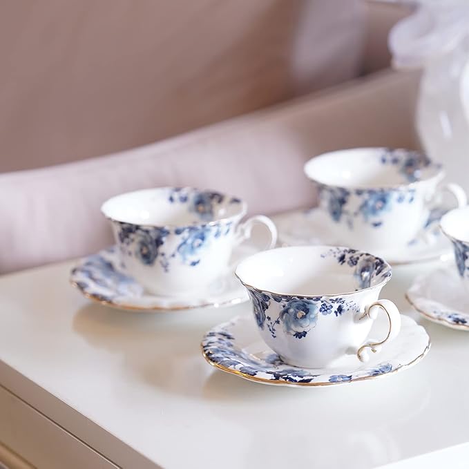 Jomop Ceramic Tea Cups Coffee Cup and Saucers Set of 4 (Blue and White)