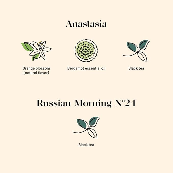 Kusmi Tea - Pack of 2 Boxes of Tea Bags - Anastasia + Russian Morning No.24 - Organic Black Tea with Bergamot + Asian Black Tea Blend - Grand Yunnan, Ceylon and Assam - 2x20 Tea Bags