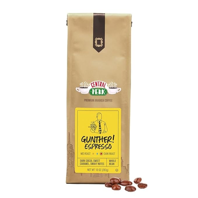 Central Perk Whole Bean Coffee "Gunther Espresso" Blend - Dark Roast, 100% Arabica Coffee Beans with Dark Cocoa, Sweet Caramel, Smoky, Full Body Flavors, 10oz Bag