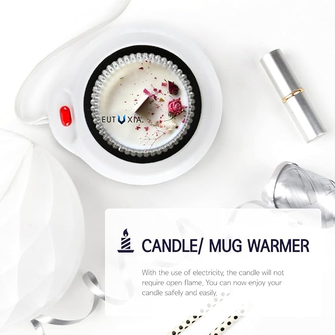 Eutuxia Candle Warmer for Home & Office. Great for Warming Up Cups, Coffee Mugs, Wax, and Beverages on Desks, Tables & Countertops. Electric Heated Plate Warms Quickly. Enjoy Hot Drinks on Cold Days.