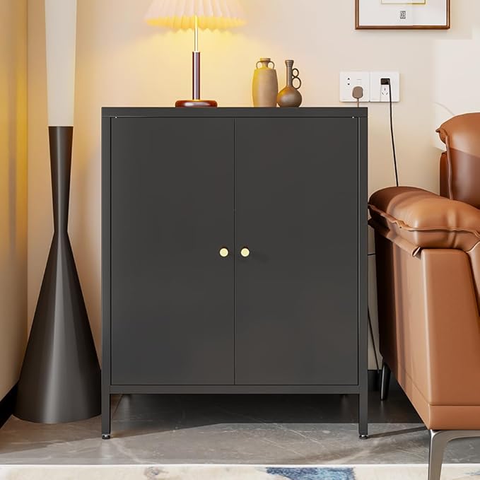 Small 2 Metal Storage Side Buffet Cabinet for Bed Room,Living Room,Entryway,Hallway,Home,Hotel,Office,Garage,Kitchen,1 Removable Shelf. (Metal Door, Black)