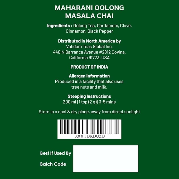 VAHDAM Maharani Chai Oolong Tea (50 Cups) | 100% NATURAL SPICES | Masala Chai Tea Loose Leaf | Cardamom, Cinnamon, Clove, Black Pepper | Spiced Chai Tea | Brew Hot or Iced | 100gm