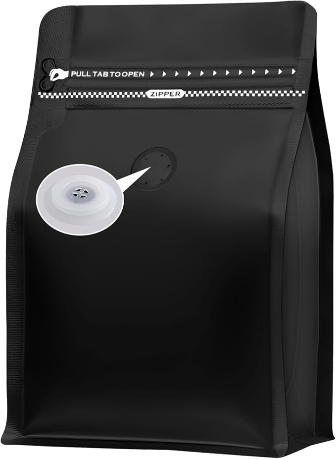 REMTAP Coffee Bags with Valve(50pcs,8 oz,1/2 lb) Black High Barrier Aluminumed Foil Flat Bottom Standing Coffee Beans Storage Bags,Reusable Heat Sealable Side Zipper Pouches for Home or Store
