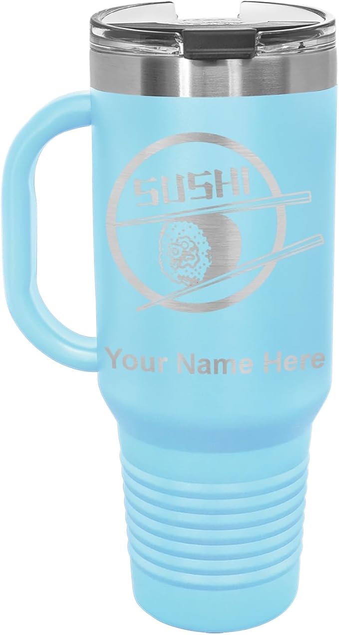 LaserGram 40oz Vacuum Insulated Travel Mug with Handle, Sushi, Personalized Engraving Included (Light Blue)