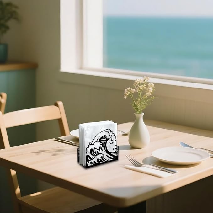 Ocean Waves Decorative Black Metal Napkin Holder for Table, 5.3" x 4.9" x 1.9" Sea Waves Standing Napkin Holder for Home Kitchen Restaurant Picnic Party Coffee Bar Dining Room