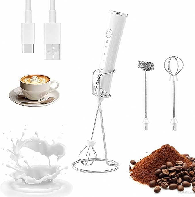 Rechargable Milk Frother, Handheld Drink Mixer with Whisk Attachment, 2025 upgraded powerfull 3 speed motor, Type C charging with charge light, with extra egg mix head (White with Stand)