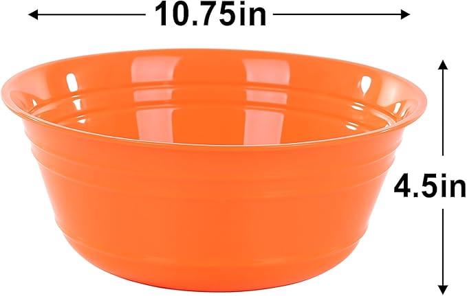 Mintra Home Plastic Bowls (4L Large 2pk, Orange) -10.75W x 4.5inH - large orange plastic bowl for popcorn, snacks, drinks, candy, Halloween, trick or treat bowls - 2 Pack