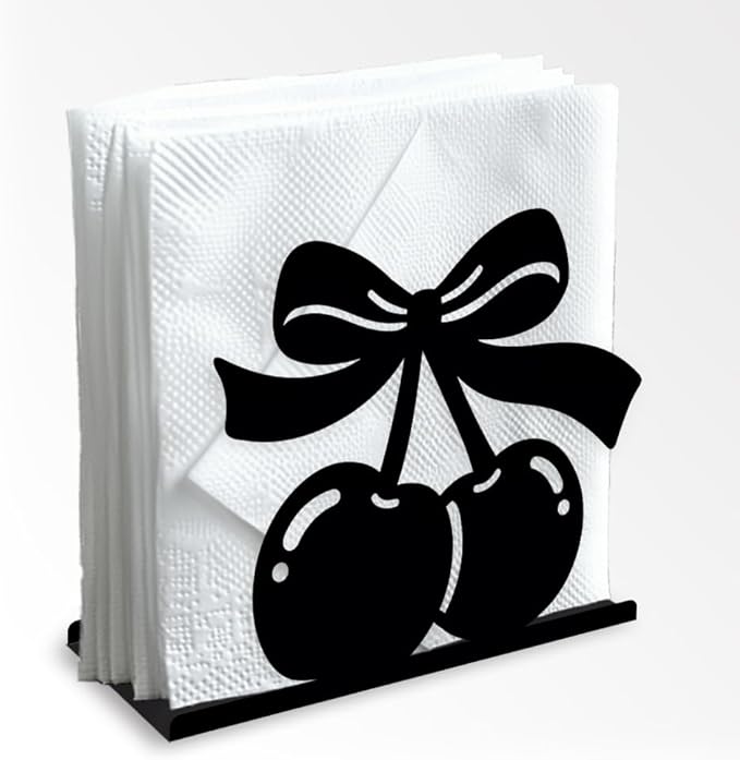 Cherry Decorative Black Metal Napkin Holder for Table, 5.3" x 4.5" x 1.9" Cherry Fruit Standing Napkin Holder for Home Kitchen Restaurant Picnic Party Coffee Bar Dining Room