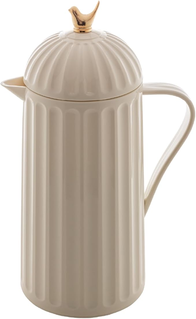WOLFF 1 Liter White Bird Thermal Coffee Carafe, Plastic Exterior with Glass Lining Insulated Beverage Dispenser for Hot and Cold Drinks, Thermos Bottle for Tea, Water Pitcher - White, 34floz/1L