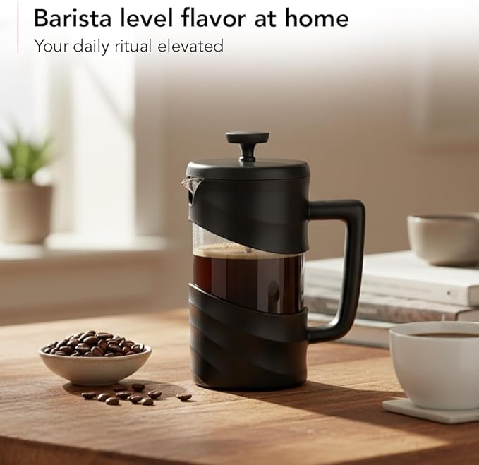 OVENTE French Press Coffee Maker 20 Ounce with Heat Resistant Borosilicate Glass & Stainless Steel 4-Level Filtration System, Portable Cold Brew Coffee Maker for Travel, Camping or Gift, Black FPW20B