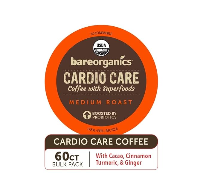 Cardio Care Organic Coffee Pods – Probiotic Coffee with Cacao, Ginger, Turmeric & Cinnamon – Healthy Superfood, Mold Free, Vegan, Gluten Free, everyday dose coffee - 10 Recyclable Single Serve K-Cups - 6 Pack