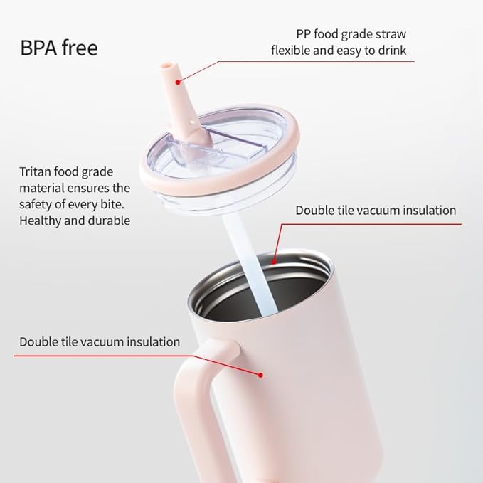 40 oz Insulated Tumbler with Handle,Flip Straw,Lid & Rubber Base Stainless Steel Water Bottle - Leak Proof Vacuum Insulated Mug BPA Free Reusable Travel Cup Gifts for Women/Men (rose quartz1)