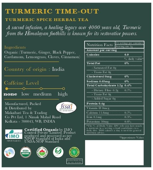 Luxmi Estates Turmeric Time-Out Herbal Tea, 50 Tea Bags, Organic Herbal Tea, Turmeric, Ginger, Cardamom, Black Pepper, Supports Immunity, Inflammation, and Stress Relief