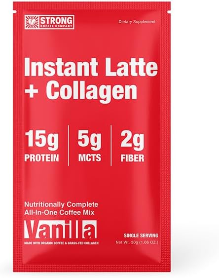 Strong Coffee Co. Instant Vanilla Latte Travel Pack | Organic Coffee with 15g Collagen Protein | Lion’s Mane & L-Theanine | Nootropic Instant Coffee | 7 Servings