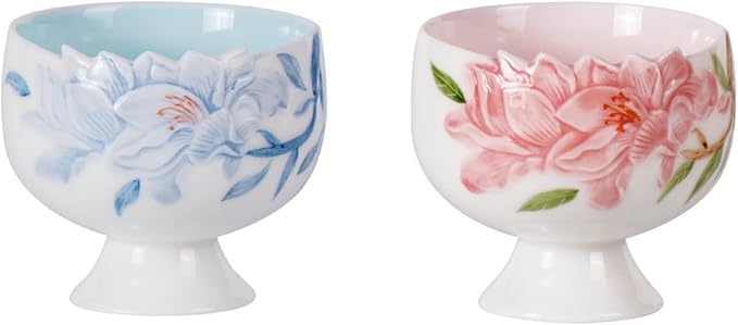 KAMMAK Tea Cup, 3.2oz Small Tea Cups Set of 2, Red and Blue Floral Porcelain Tea Cup Set, Ceramic Teacups for Home, Party, Office, Chinese Kungfu Tea Set for Hot/Cold Drink, Qingji Jade Clay