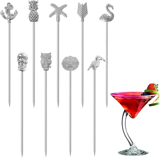 Martini Cocktail Picks Reusable Olive Picks Garnish Skewer Fruit Toothpicks Set of 9 (Silver)