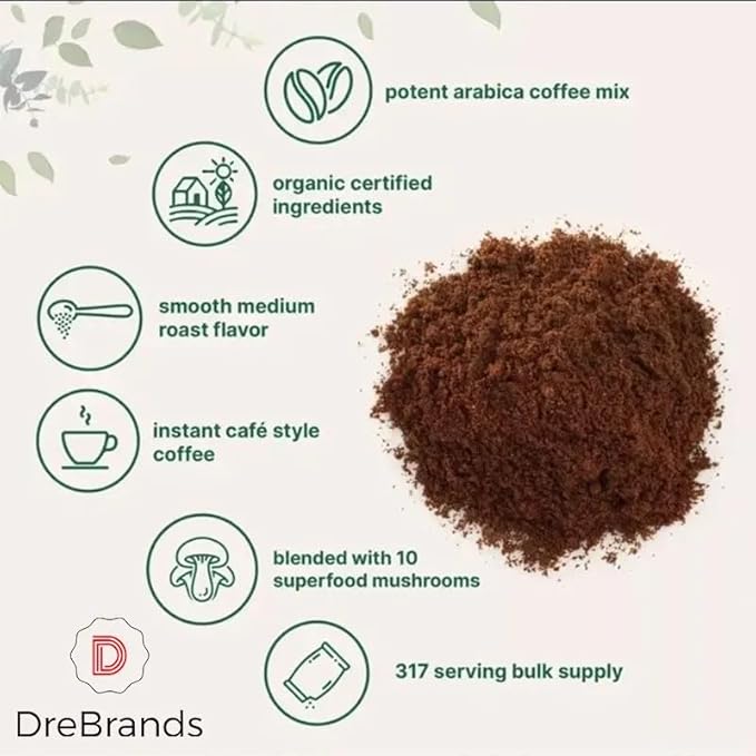 DreBrands Mushroom Coffee |10 in 1 Organic Mushrooms | USDA Organic | Instant Coffee | Wood Ear | Better Energy, Focus, Digestion, Immunity | Shiitake, Lion’s Mane, Turkey Tail | 15 Servings