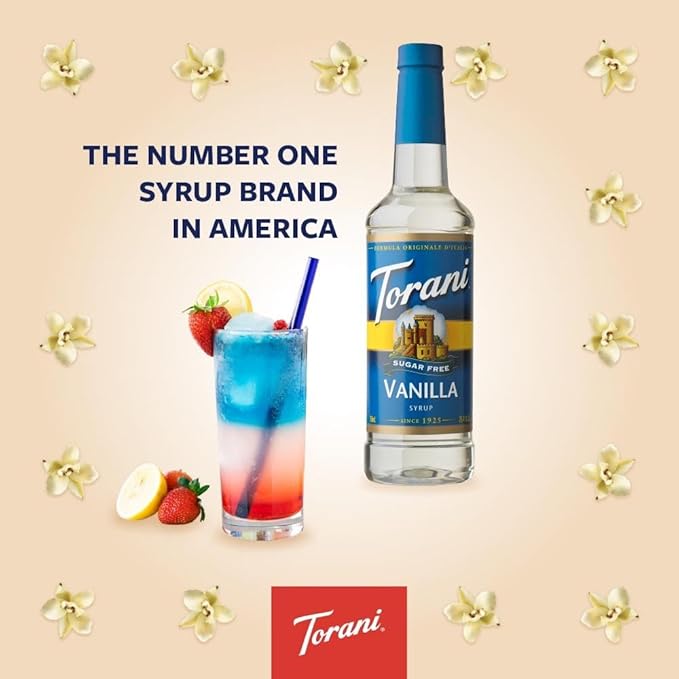 Torani Sugar Free Coffee Syrup, Vanilla Flavored Syrup for Drinks, Zero Calorie, Pump Included, 25.4 Fl Oz
