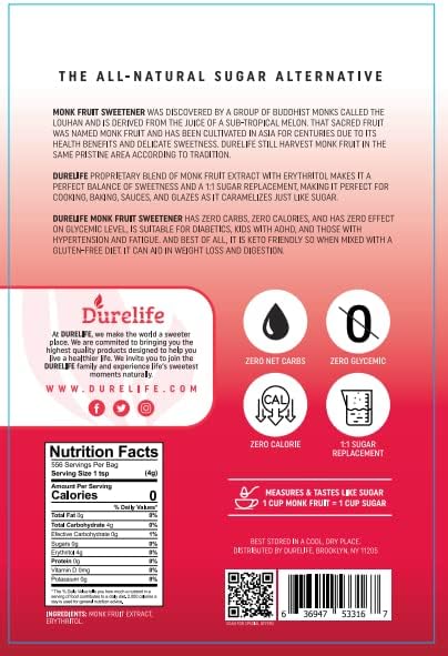 Durelife Monk Fruit Sweetener, Classic - White Sugar Substitute, Keto Diet Friendly, 1:1 Sugar Replacement, Zero Calorie, White Sugar Substitute, Classic White - 1 lb (Packaging May Vary)