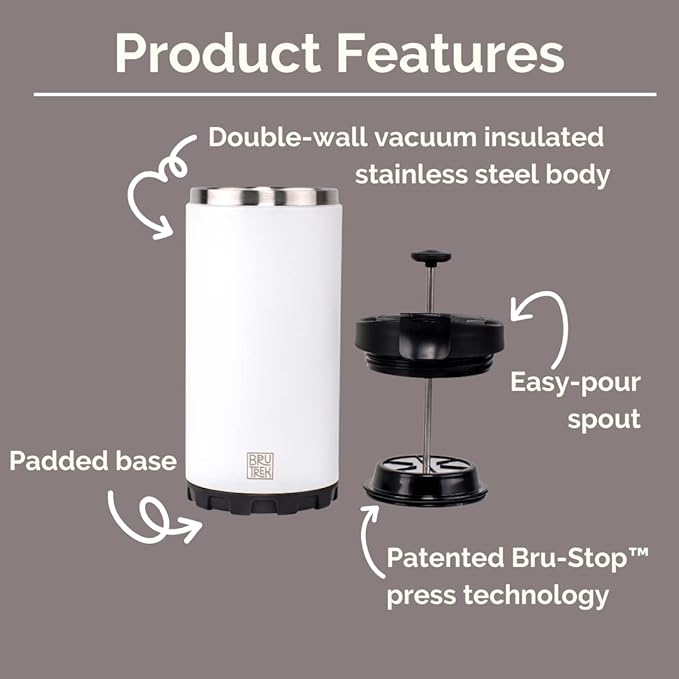 BruTrek Steel Toe 3.0 Travel Coffee Press - Brew 20 fl.oz On The Go - No Spill Lid, Double Wall Vacuum Insulated Stays Hot for Hours, French Press Coffee (Snowflake White)