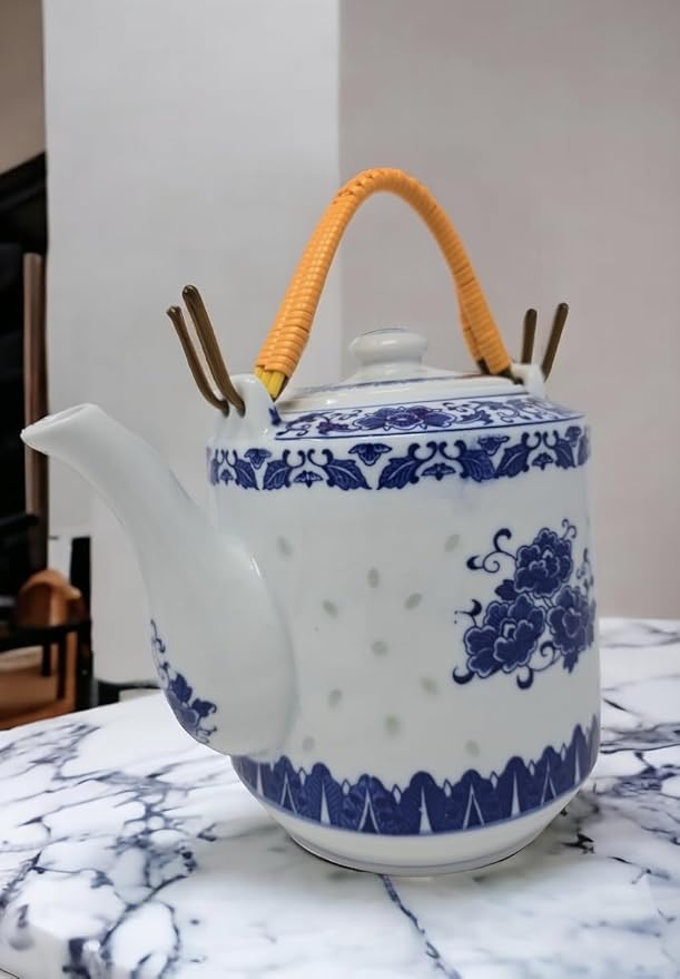 Large Teapot Blue and White Porcelain Tea Pot 6 Cup Store 64 Ounce China, Coffee Pot (64)