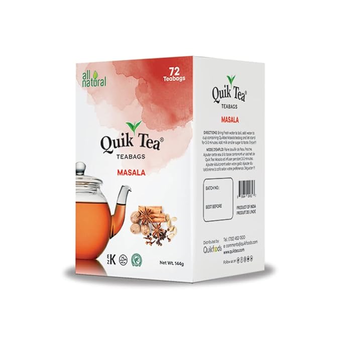 QuikTea Masala Chai Tea Bags - 72 Count - All Natural, Preservative Free - Non-GMO - Easy To Brew Masala Chai Tea Bags