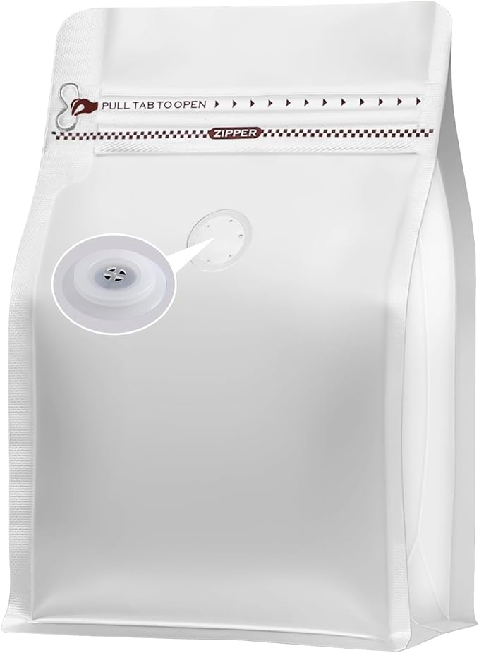 REMTAP Coffee Bags with Valve(50pcs,8oz) White High Barrier Aluminumed Foil Flat Bottom Standing Coffee Beans Storage Bags,Reusable Heat Sealable Side Zipper Pouches for Home or Store