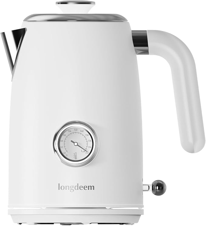 Retro Electric Tea Kettle 1L, Stainless Steel Water Boiler with Built-in Thermometer, BPA-Free, Fast Boil, Auto Shut-Off, Perfect for Home, Office, Dorm, Pure Water, Drip-Free Spout, White