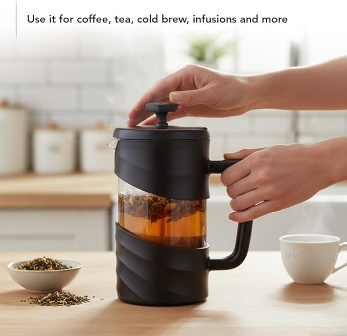 OVENTE French Press Coffee Maker 20 Ounce with Heat Resistant Borosilicate Glass & Stainless Steel 4-Level Filtration System, Portable Cold Brew Coffee Maker for Travel, Camping or Gift, Black FPW20B