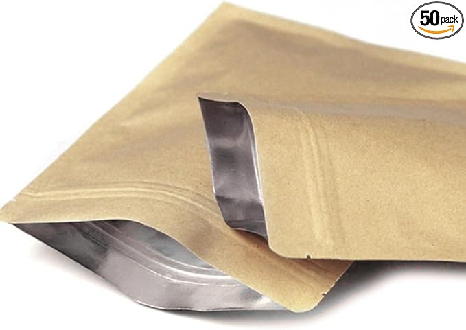 PABCK 5.5mil Thickness Inner Mylar Foil Kraft Paper Resealable Bags Heat Seal Airtight Pouch for Food Self Selling Storage Supplies (50, 3.9x5.9 inch)