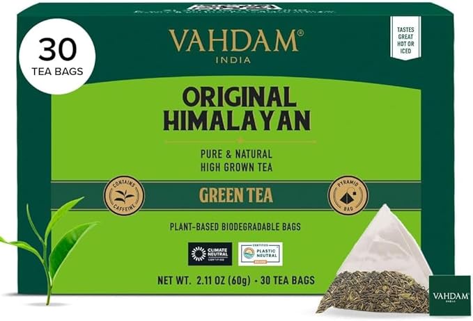 VAHDAM, Himalayan Green Tea (30 Count) High Grown, Non GMO, Gluten Free, Med Caffeine | Earthy & Smooth | Resealable & Individually Wrapped | Plant-Based Pyramid Tea Bags