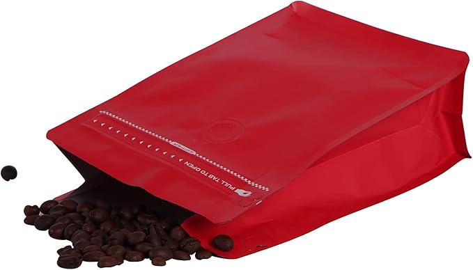 REMTAP Coffee Bags with Valve (50pcs,8oz) Red High Barrier Aluminumed Foil Flat Bottom Standing Coffee Beans Storage Bags,Reusable Heat Sealable Side Zipper Pouches for Home or Store