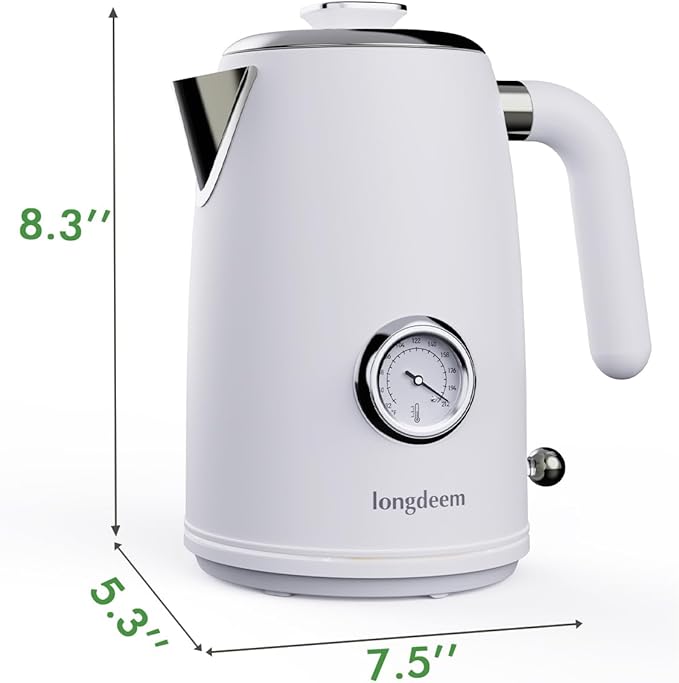 Retro Electric Tea Kettle 1L, Stainless Steel Water Boiler with Built-in Thermometer, BPA-Free, Fast Boil, Auto Shut-Off, Perfect for Home, Office, Dorm, Pure Water, Drip-Free Spout, White