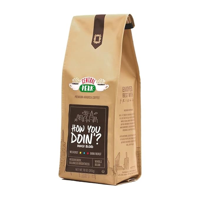Central Perk Medium Roast Whole Bean Coffee "How You Doin" Blend - 100% Arabica Colombian & Brazilian Coffee Beans with Subtle Chocolate & Honey Notes, Smooth & Medium Body, 10oz Bag