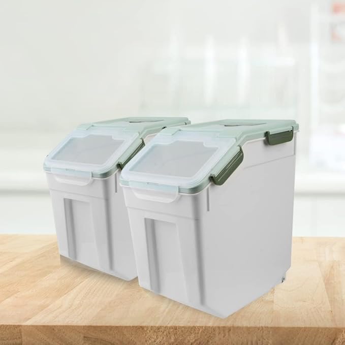 YXQ 25LB Large Flour Storage Container Bin ,2 Pack Airtight Plastic with Wheels Seal Locking Lid Dispenser Organizer Storage Bin with Measuring Cup & Scoop for Flour, Rice, Grain 50LBS Total