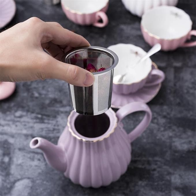 YBK Tech Strengthen Porcelain Teapot, 31oz Coffee Pot Ceramic Teapot- Stripe Design (Purple)