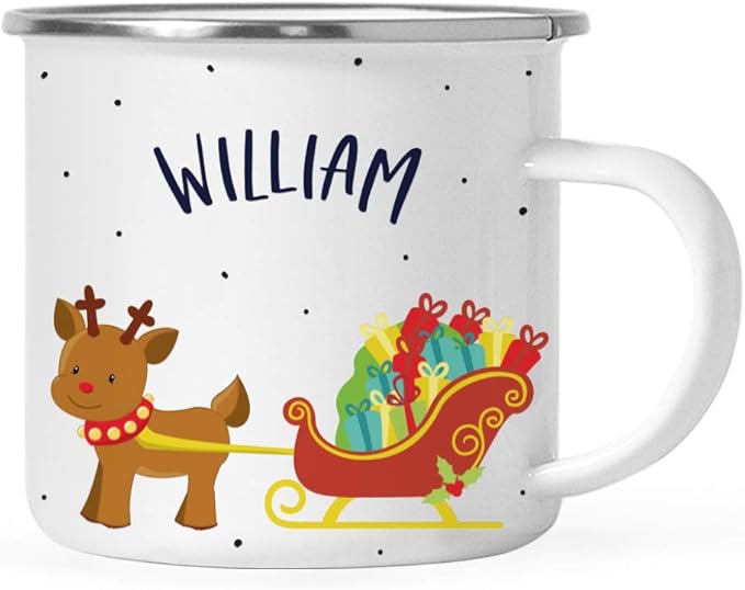 Andaz Press Personalized Name 11oz. Kids Christmas Hot Chocolate Stainless Steel Campfire Coffee Mug Adorable Rudolph Reindeer Sleigh, 1-Pack Custom Birthday Xmas Cup Hot Cocoa Mugs Christmas Mug Kids
