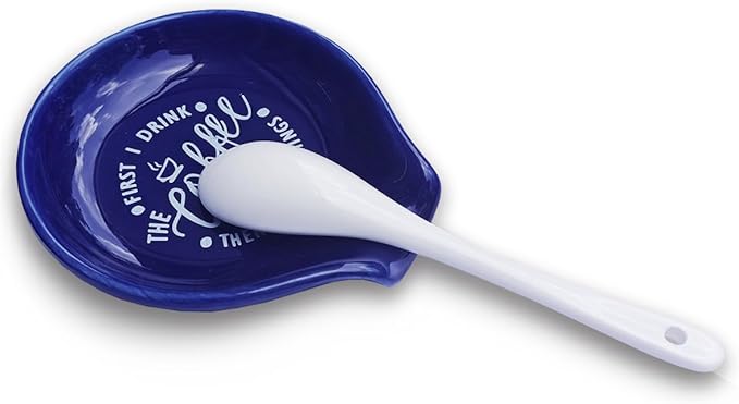Funny Coffee Quote First I Drink The Coffee Then I Do The Things Ceramic Spoon Holder-Navy Blue Coffee Spoon Rest -Cafe Station Bar Accessories