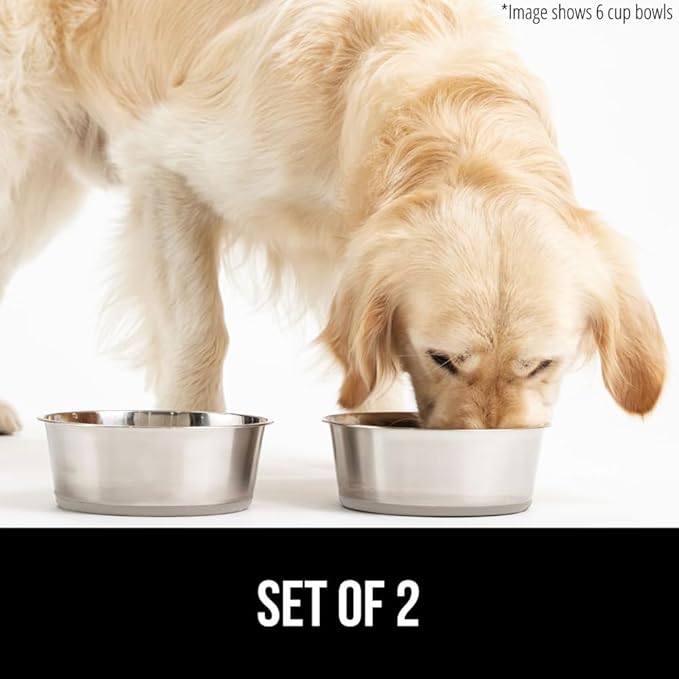 GORILLA GRIP Dog Bowls, Holds 1 Cup Each (8 fl oz), Heavy Duty Stainless Steel Food and Water Bowl for Feeding Dogs and Cats, Dishwasher Safe, Rust Resistant Metal BPA Free Rubber Base, Set of 2 Beige