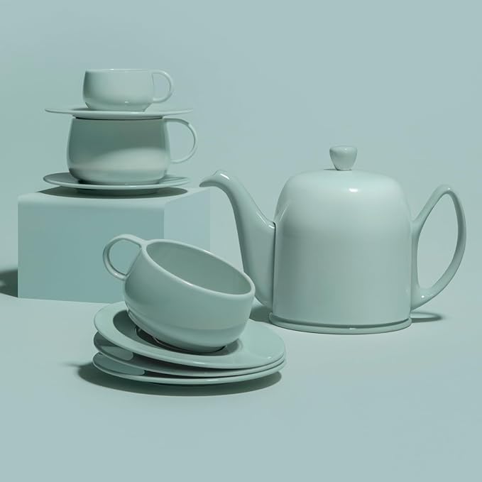 Degrenne Salam Luxury French Tea Pot - Porcelain Teapot with Stainless Steel Cover, Ceramic Tea Kettle for Loose Tea, Removable Infuser, 6 Cup Capacity, 36oz - Monochrome Blue