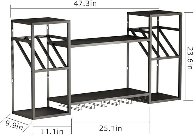 Metal Floating Bar Liquor Shelves 2 Tier, Wall Mounted Wine Rack with Glass Holder Storage, Wall Bar Shelf Wine Display Storage Holder for Kitchen Dining Room Bar (Black)