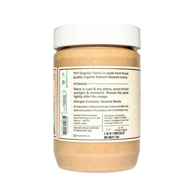 Organic Tahini Paste 16 oz (1lb) - Unhulled White Sesame Tahini Dressing - USDA Certified, Gluten Free, Kosher - Creamy Organic Tahini Sauce for Dressigns, Dips, Spreads & Hummus - The Holly Tree